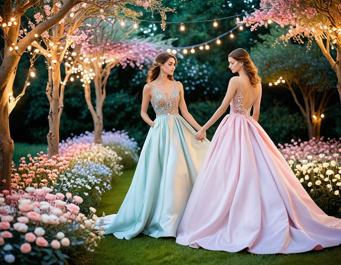 A whimsical scene capturing a glamorous fashion runway that seamlessly transitions into a romantic garden, adorned with colorful flowers and twinkling fairy lights. Models gracefully strutting in elegant evening gowns, while couples share tender moments amidst the vibrant backdrop. The atmosphere is a blend of haute couture and warm affection, celebrating the beauty of love and style. soft-focus depth of field. pastel colors. dreamy aesthetic.