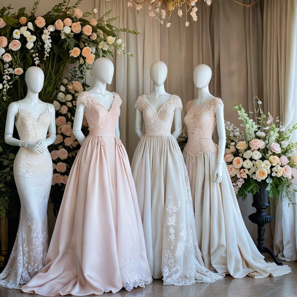A romantic fashion scene showcasing elegant clothing draped on mannequins surrounded by soft, pastel-colored flowers. Incorporate delicate lace and flowing fabrics that exude affection and warmth. Add a dreamy background with a soft focus to enhance the intimate atmosphere, capturing the essence of couture in love. soft focus. pastel colors. romantic ambiance. painting.